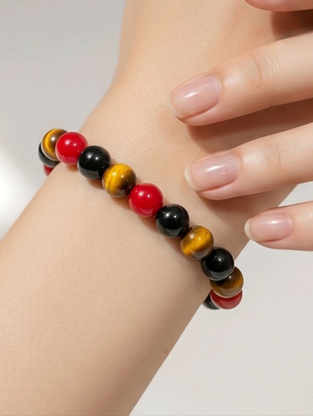 Red Black Gold Beaded Bracelet Stretch Tiger Eye Agate Energy Bracelet Unisex